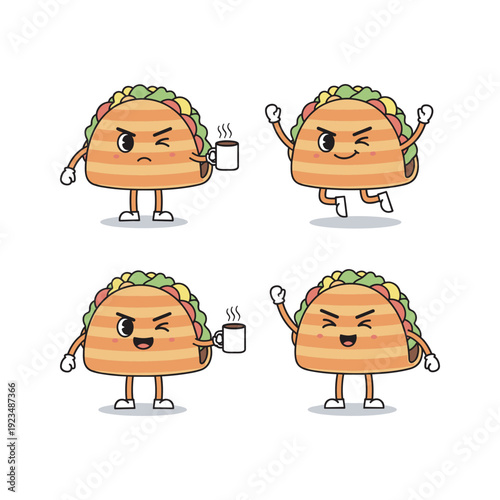 Taco Characters with Different Emotions and Coffee Cups in Cartoon Style