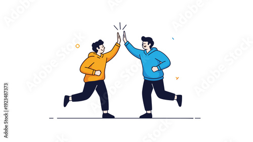 Enthusiastic coworkers celebrate a successful project completion by giving a high five to show teamwork, mutual support, and corporate success.