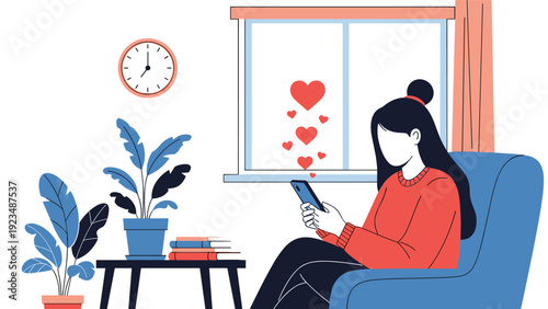 Young woman uses a mobile phone to send messages of love and affection while relaxing at home in her comfortable living room near the window.