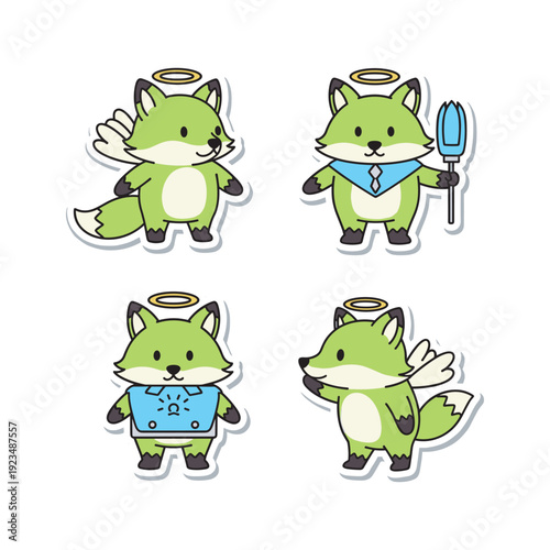 Cartoon green fox angel characters with halos and wings in various poses