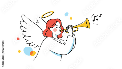 Heavenly angel with white wings and a golden halo plays a triumphant melody on a brass trumpet to announce a joyous event or spiritual message.