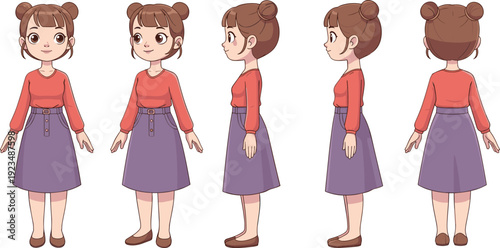 Vector illustration of cartoon girl character turnaround sheet with buns hairstyle, expressive clothing design, multiple views decorative motifs