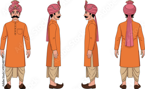 Vector illustration of man in traditional Indian attire with turban, kurta, dhoti pants, multiple turnaround views decorative motifs