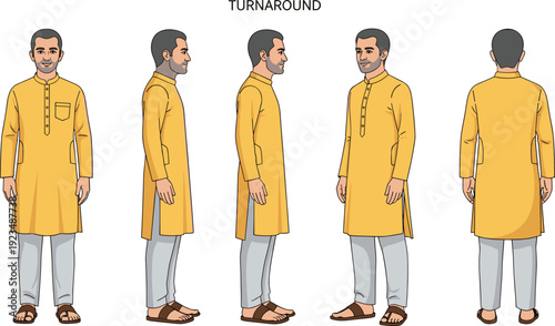 Vector illustration of South Asian man in yellow kurta and churidar pants, multiple turnaround views, cultural attire design decorative motifs