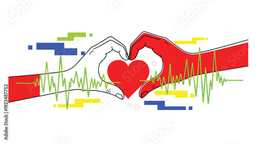 Healthcare professionals show care and compassion by forming a heart shape over a pulse line to represent medical support and cardiac health care.
