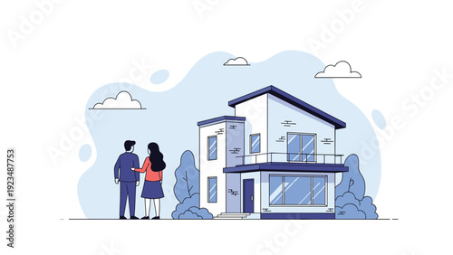 Happy young couple standing together and looking at their dream new modern house in a suburban neighborhood during a clear sunny day.