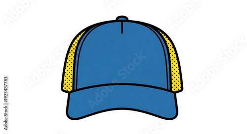 Illustrative vector of a classic blue and yellow mesh baseball cap, a versatile headwear accessory perfect for outdoor activities, sports, and casual everyday fashion