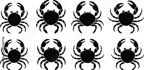 Crab silhouette vector set, black marine crab icons collection isolated on white background for seafood logo, nautical design and beach theme