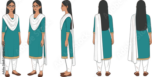 Vector illustration of woman in salwar kameez with dupatta, glasses, multiple turnaround views, cultural attire decorative motifs