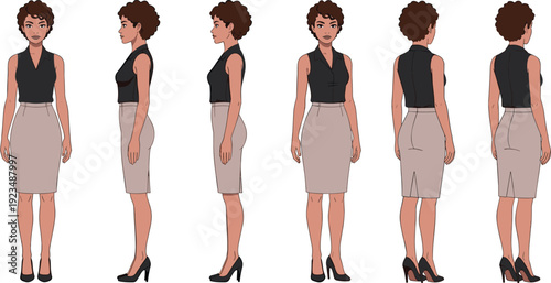 Vector illustration of woman in blouse and pencil skirt with curly hair, multiple turnaround views, character design decorative motifs
