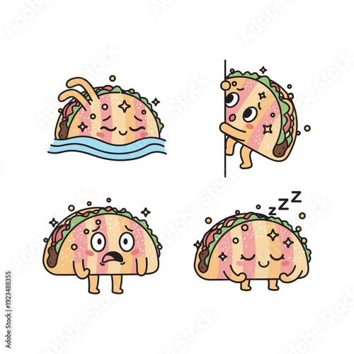 Tacos with different emotions and actions in cartoon style
