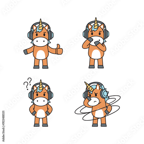 Cartoon unicorn DJ character set with different emotions on white background