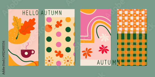 Four colorful autumn themed panels with leaves florals and patterns