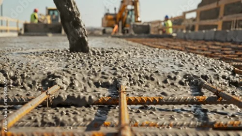 Close-up view of pouring concrete onto rebar reinforcing mesh on a construction site during daylight hours