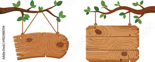 Rustic wooden hanging signboards vector illustration set featuring tree branches with green leaves isolated on white for decorative designs
