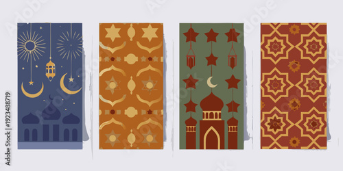 Four decorative panels featuring islamic motifs and celestial elements