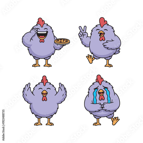 Cartoon chickens showing different emotions on white background