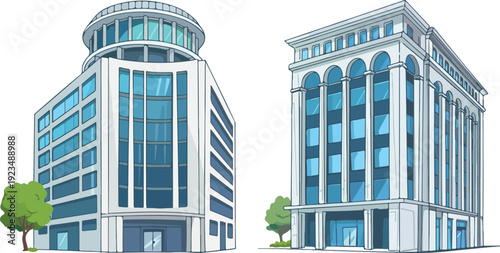 Vector illustration of modern office building and classic business tower isolated on white for real estate, architecture, and urban design projects