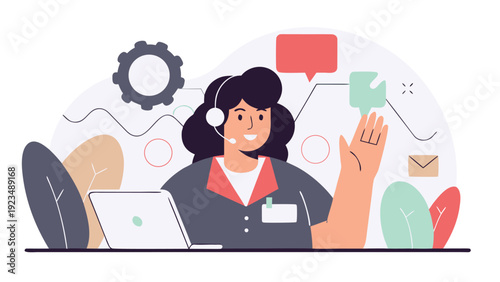 Friendly female call center agent with a headset and nametag sits at a desk with a laptop, gesturing cheerfully.