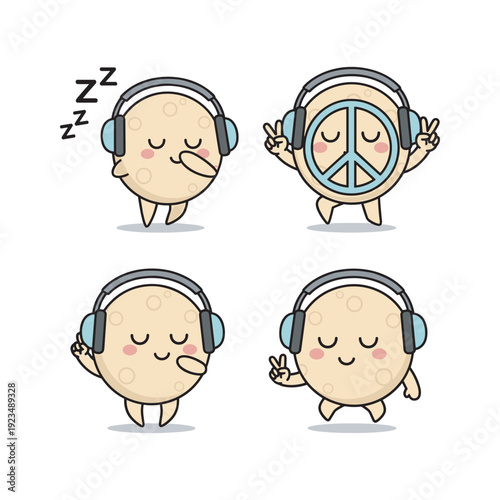 Cartoon character relaxing with headphones in various peaceful poses