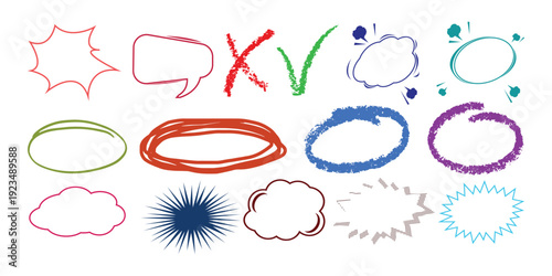 Hand drawn crayon box frame with black pen border and doodle rectangle shape. Dialogue cloud shapes, cartoon crayon communication frame, text box 