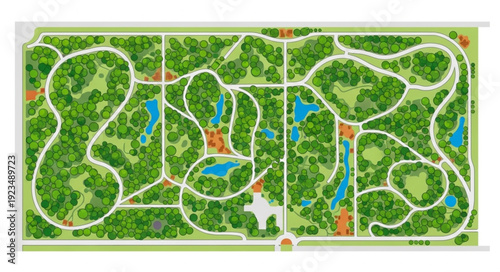 Aerial view of a large park with winding paths and water features.