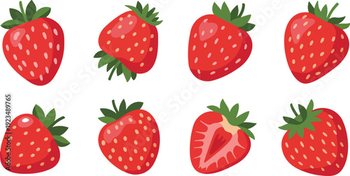 Fresh red strawberry collection vector illustration set featuring ripe, juicy berries isolated on white for fruit, food, and summer designs
