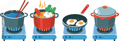 Cooking on gas stove vector illustration set featuring boiling water, frying eggs, soup preparation, and simmering pot for kitchen designs
