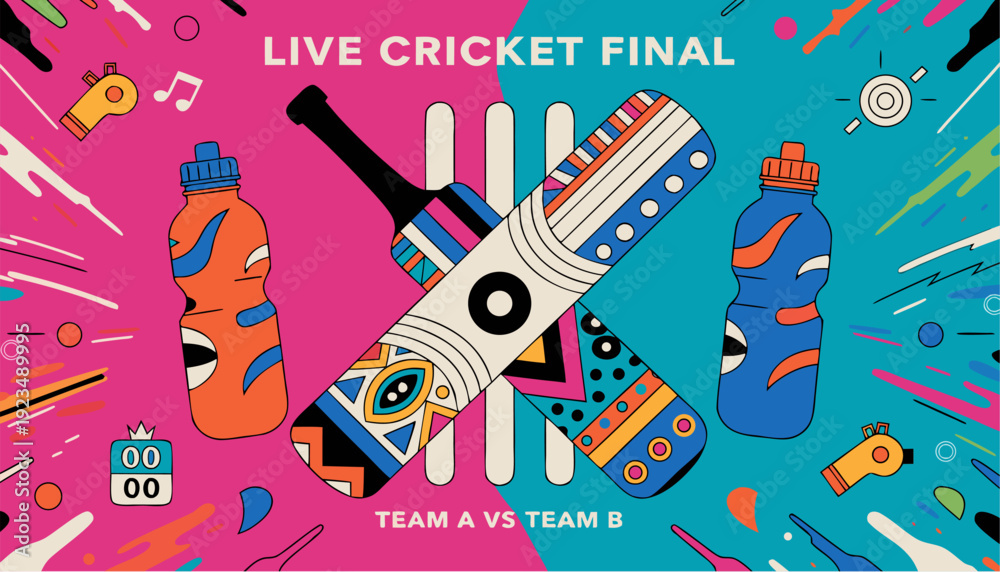 Obraz premium A vibrant illustration of a cricket final with colorful bats and bottles on a pink and blue background
