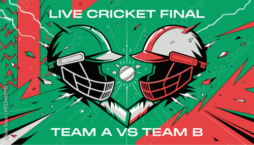 A vibrant vector graphic illustration of two cricket helmets facing each other in a competitive match