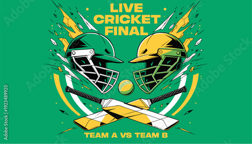 A vibrant illustration of a live cricket final with two teams competing