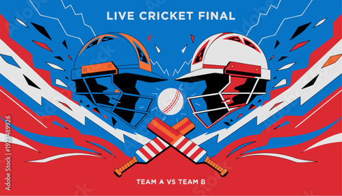 A vibrant vector graphic illustration of a live cricket final with helmets and bats