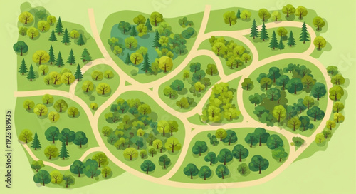 Detailed aerial view of a lush green park with winding pathways and diverse trees.