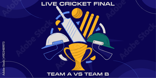 A vibrant vector graphic illustration of a cricket final match with a trophy and equipment