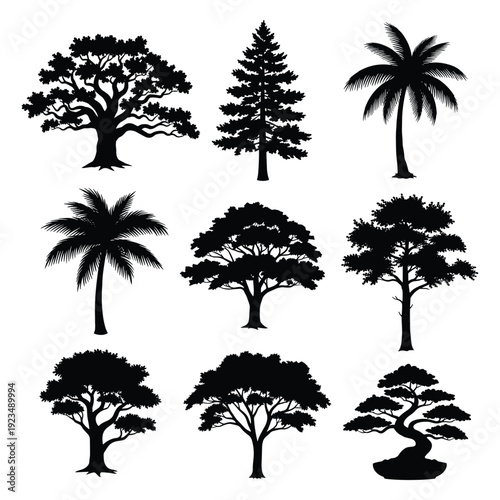 Collection of diverse tree silhouettes in flat design vector illustration