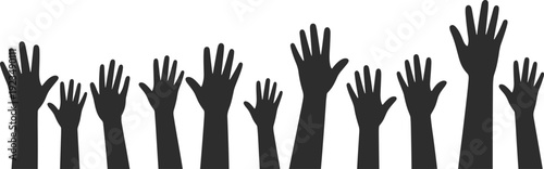 Diverse group of black silhouette hands raised upwards in a line against a white background Keywords: hands, raised, up, group