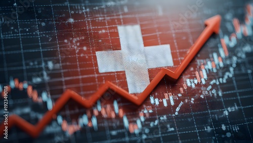 Switzerland stock market growth showing bullish candlestick chart and rising red arrow over swiss flag for financial investment analysis and national economic performance in global trading view