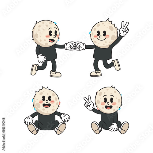 Cartoon characters showing various emotions and gestures with peace signs