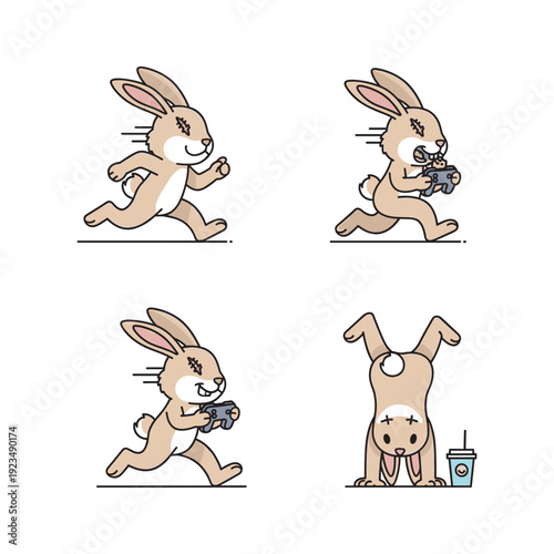 Cartoon bunny exercising and drinking coffee in various poses with copy space