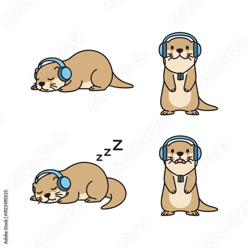 Cartoon otter listening to music and sleeping with headphones on in different poses