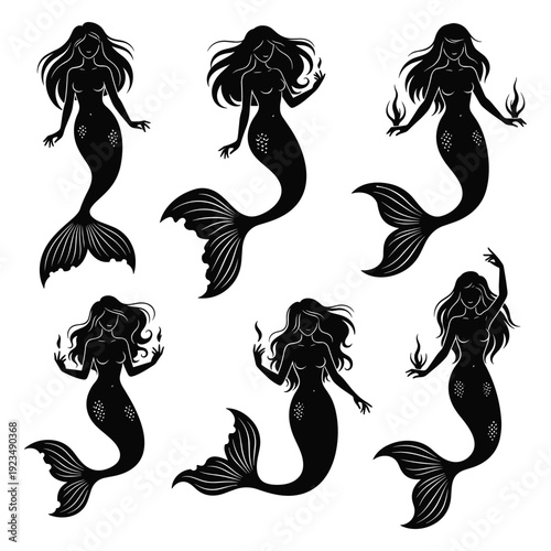 Collection of Mermaid Silhouettes in Various Poses vector illustration