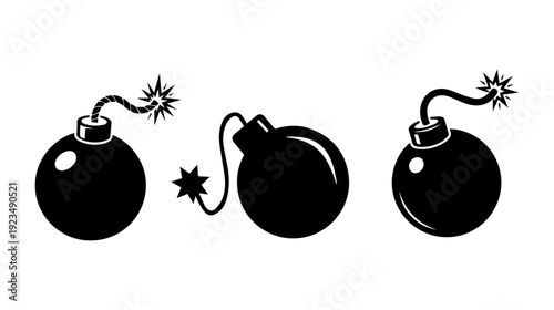 Set of three cartoon bomb icons with burning fuses black and white vector graphic design