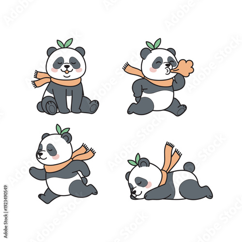 Cute cartoon pandas with orange scarves in various poses on white background