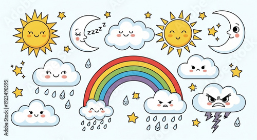 Colorful cartoon weather icons with rainbow and clouds on white background for kids