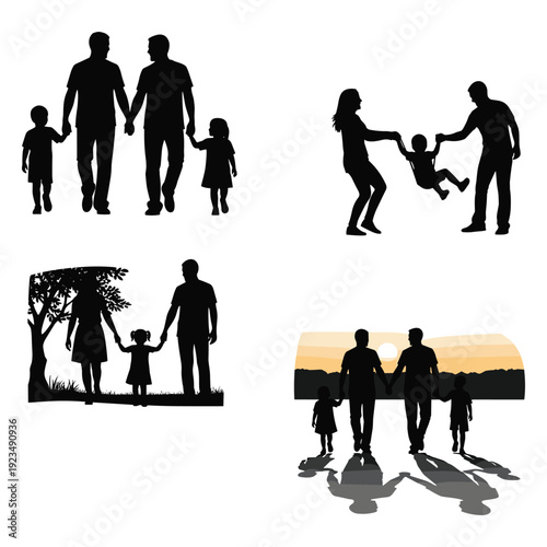 Happy family generations walking holding hands vector illustration flat design black silhouette on white background