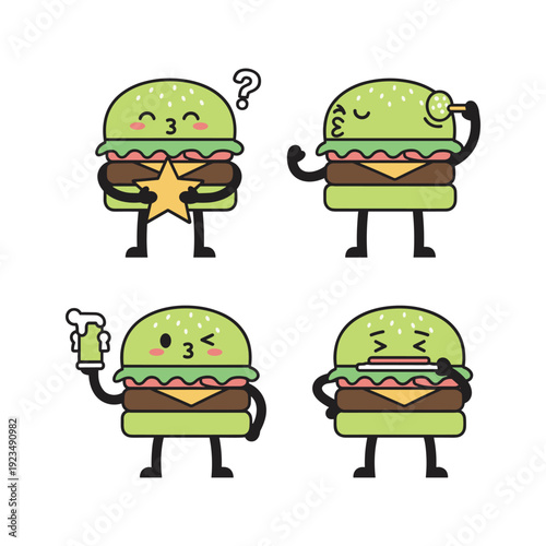 Cartoon burger characters showing different emotions and actions with cute expressions