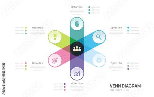 Venn diagram infographic chart template for business 6 options presentation and icon elements, 6 steps business success.