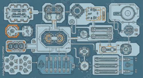 Intricate industrial machinery layout with interconnected components and complex systems.