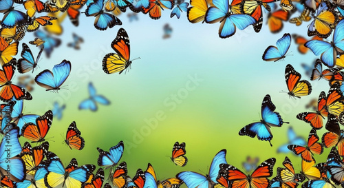 Vibrant butterflies in flight colorful wings against a soft green and blue gradient background creating a lively and uplifting scene
