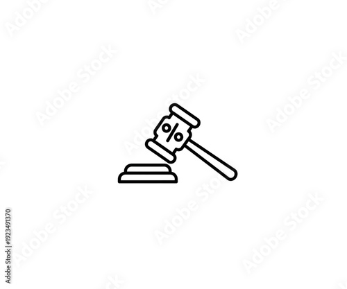 Financial law icon. Justice gavel with percentage discount sign